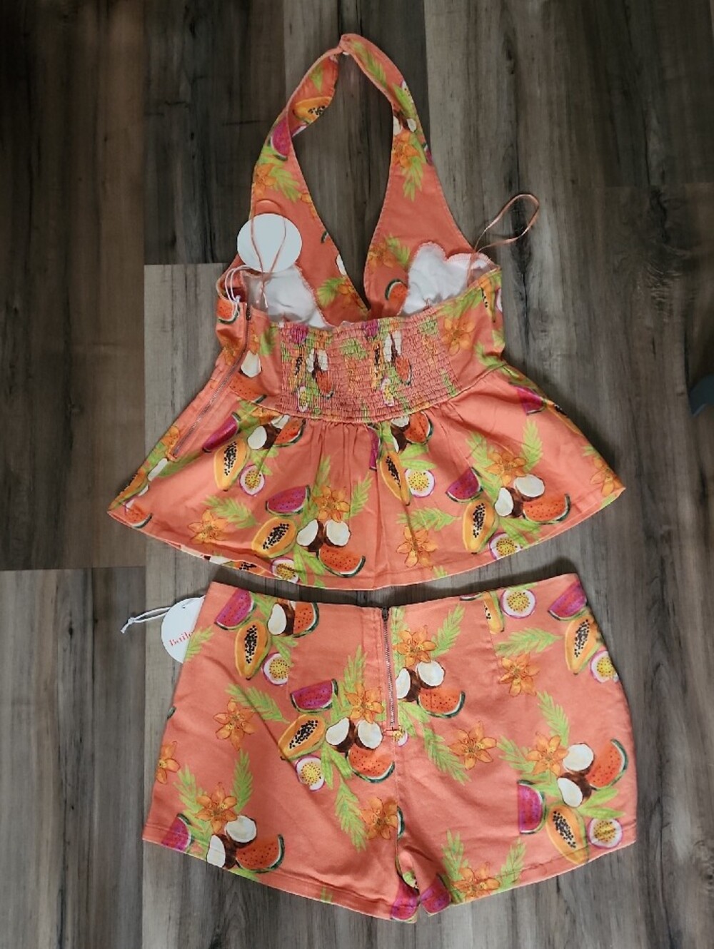 Womens Tropical Fruit Print Halter Top & Shorts Set - Orange - Picture 3 of 7